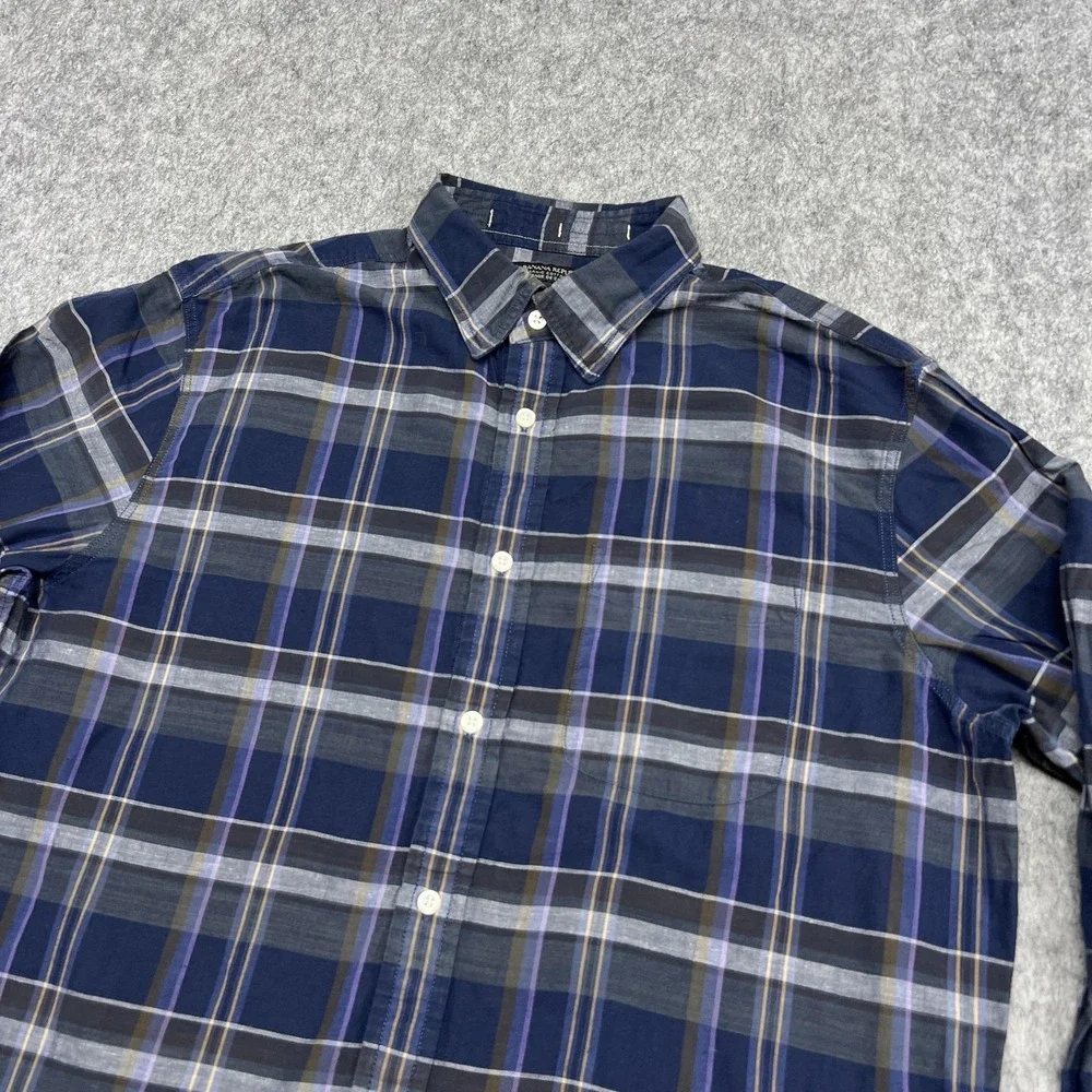 Banana Republic Shirt Mens Large Blue Plaid Linen Organic Cotton Untucked Button
